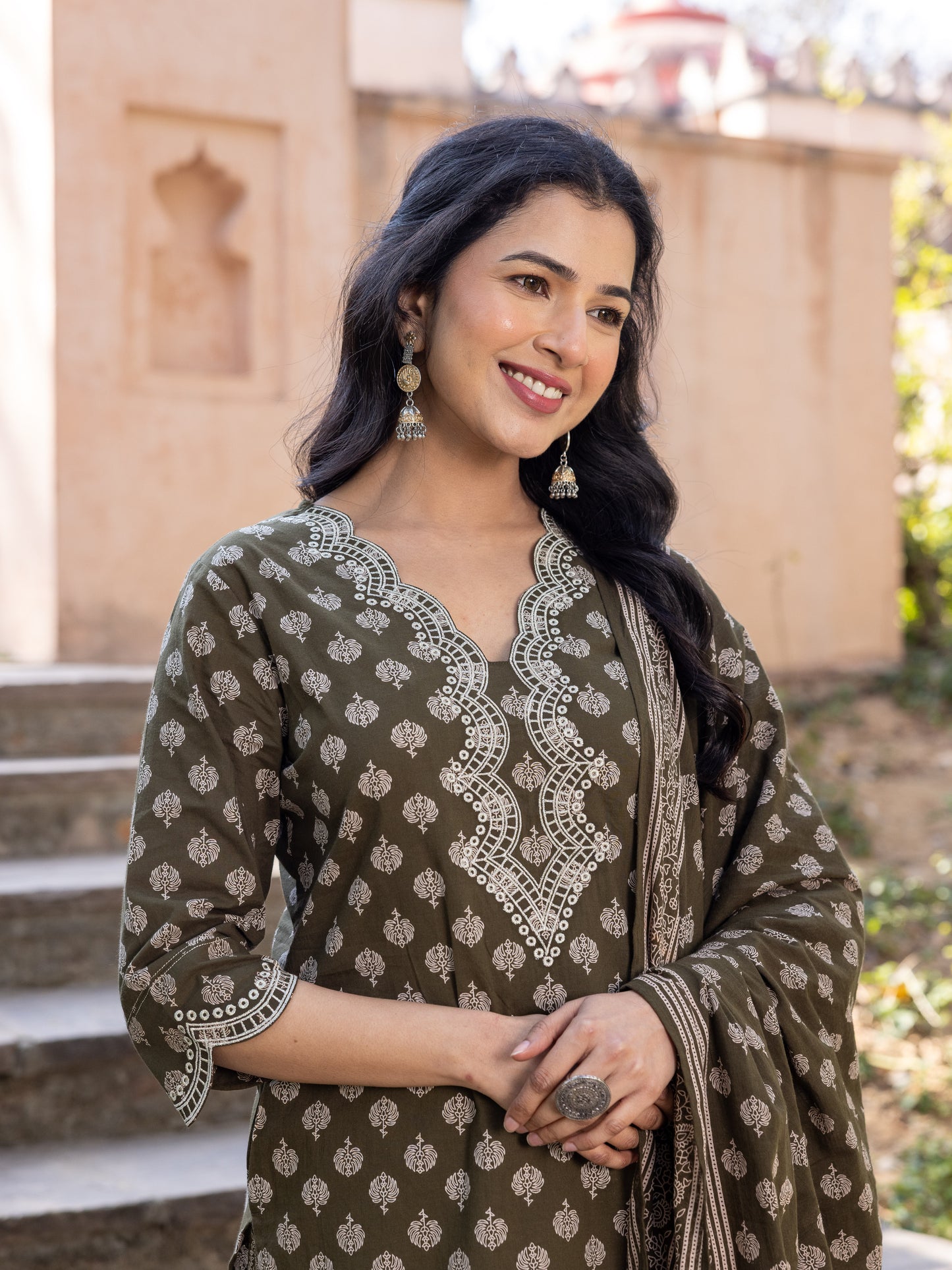 Embroidered Soft Cotton Floral Straight Green Kurta