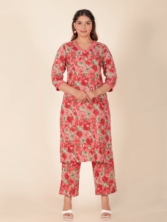 Soft Cotton Floral Panelled Red Kurta