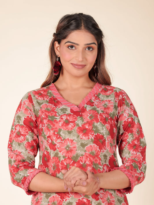 Soft Cotton Floral Panelled Red Kurta