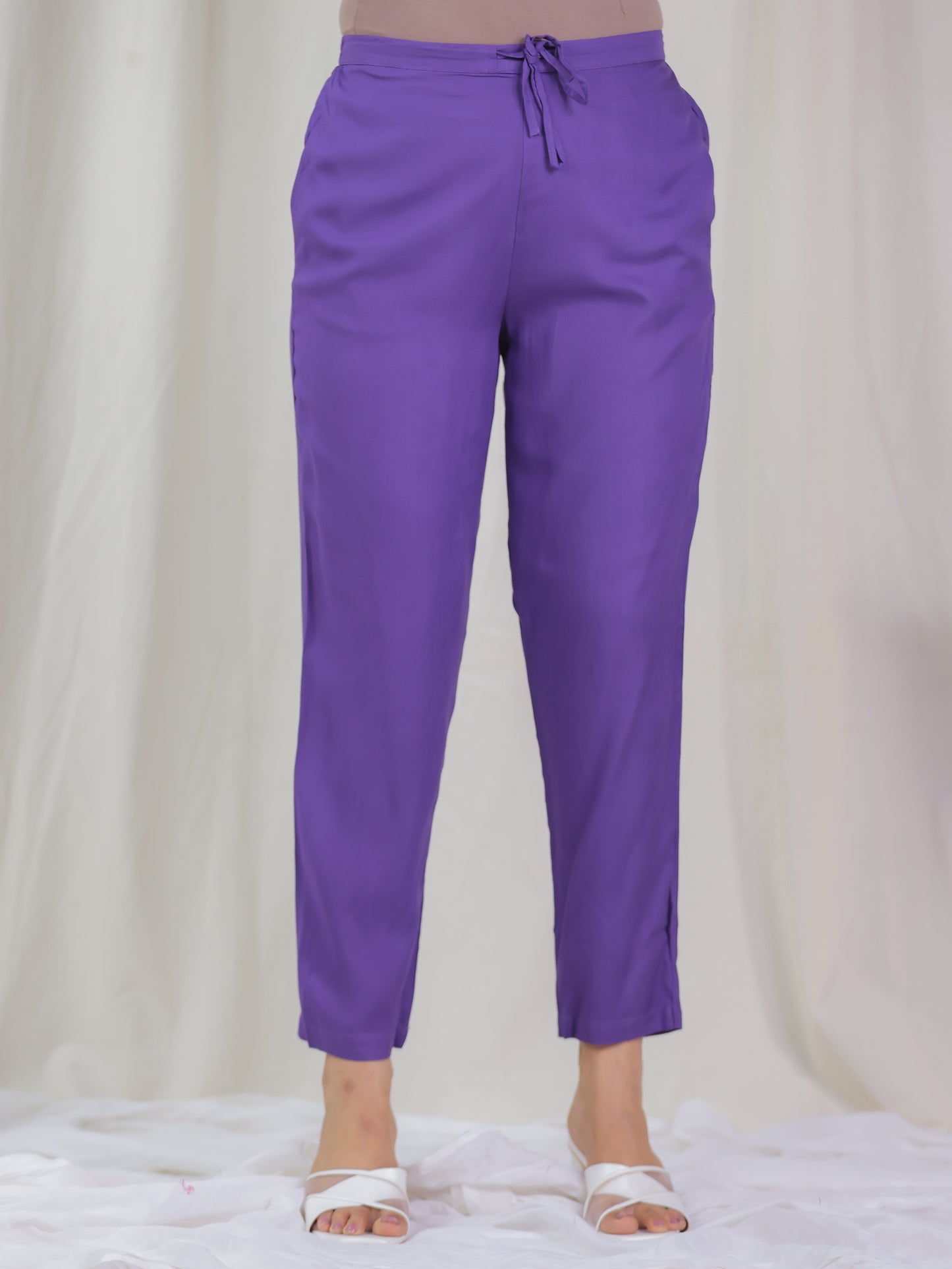 Viscose Solid Purple Tapered Trousers