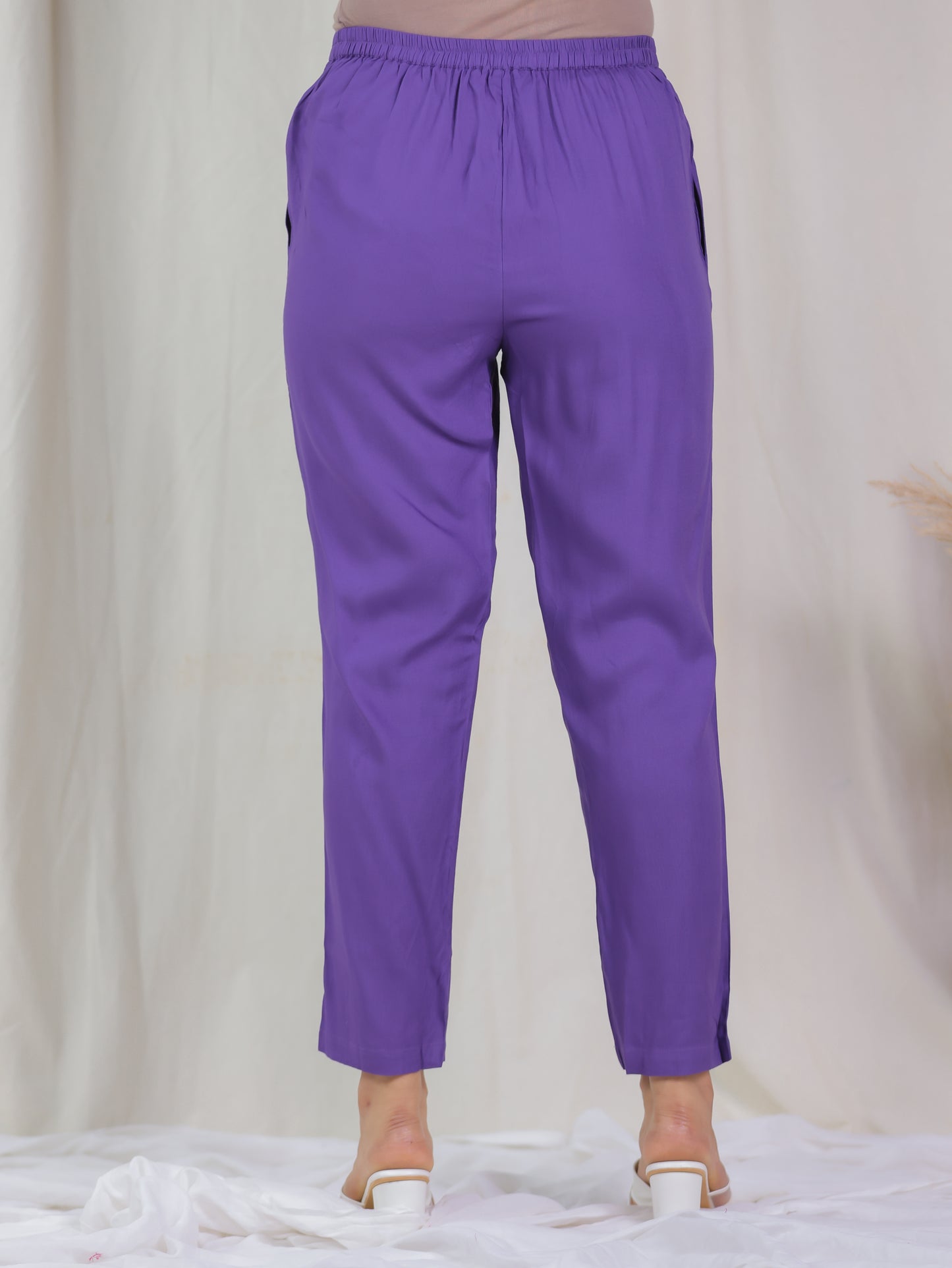 Viscose Solid Purple Tapered Trousers