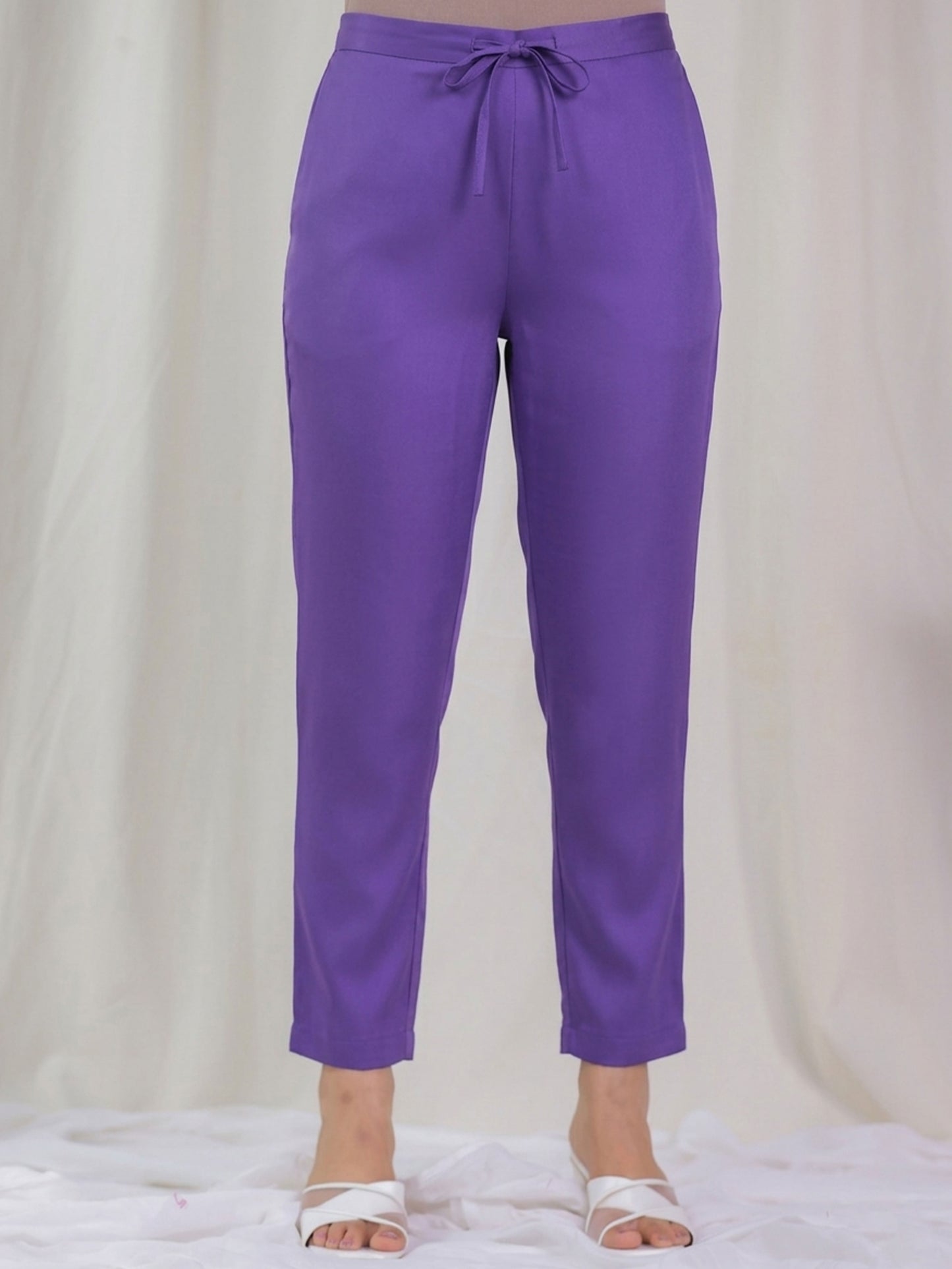Viscose Solid Purple Tapered Trousers