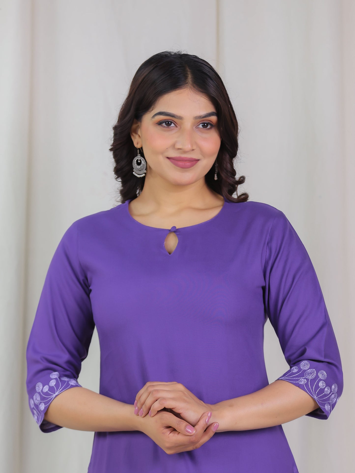 Embroidered Viscose Solid Straight Purple Kurta