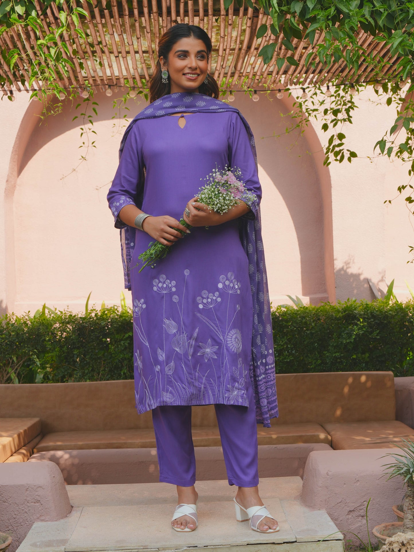 Cotton Voile Floral Purple Dupatta