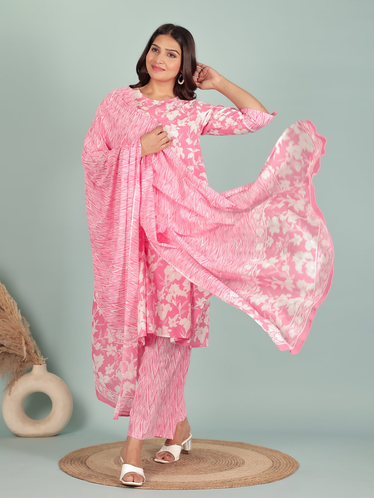 Soft Cotton Floral A-Line Pink Kurta