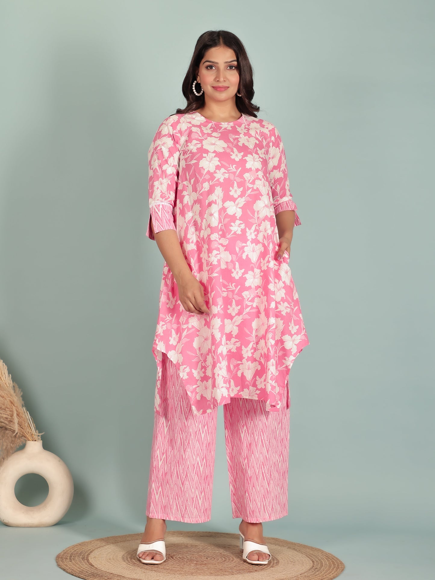 Soft Cotton Floral A-Line Pink Kurta