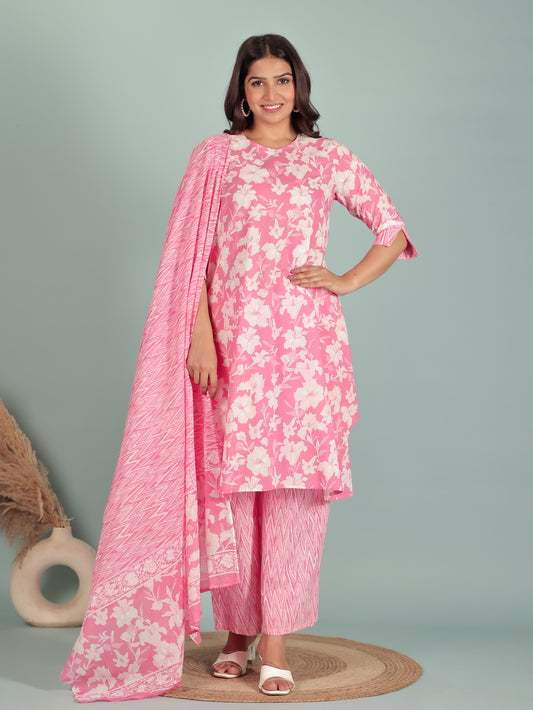 Soft Cotton Floral A-Line Pink Kurta