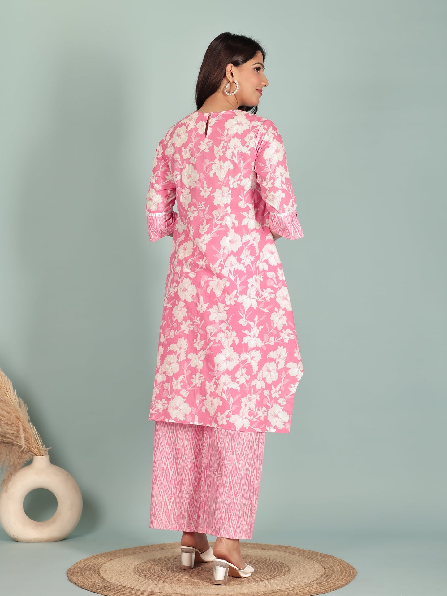 Soft Cotton Floral A-Line Pink Kurta