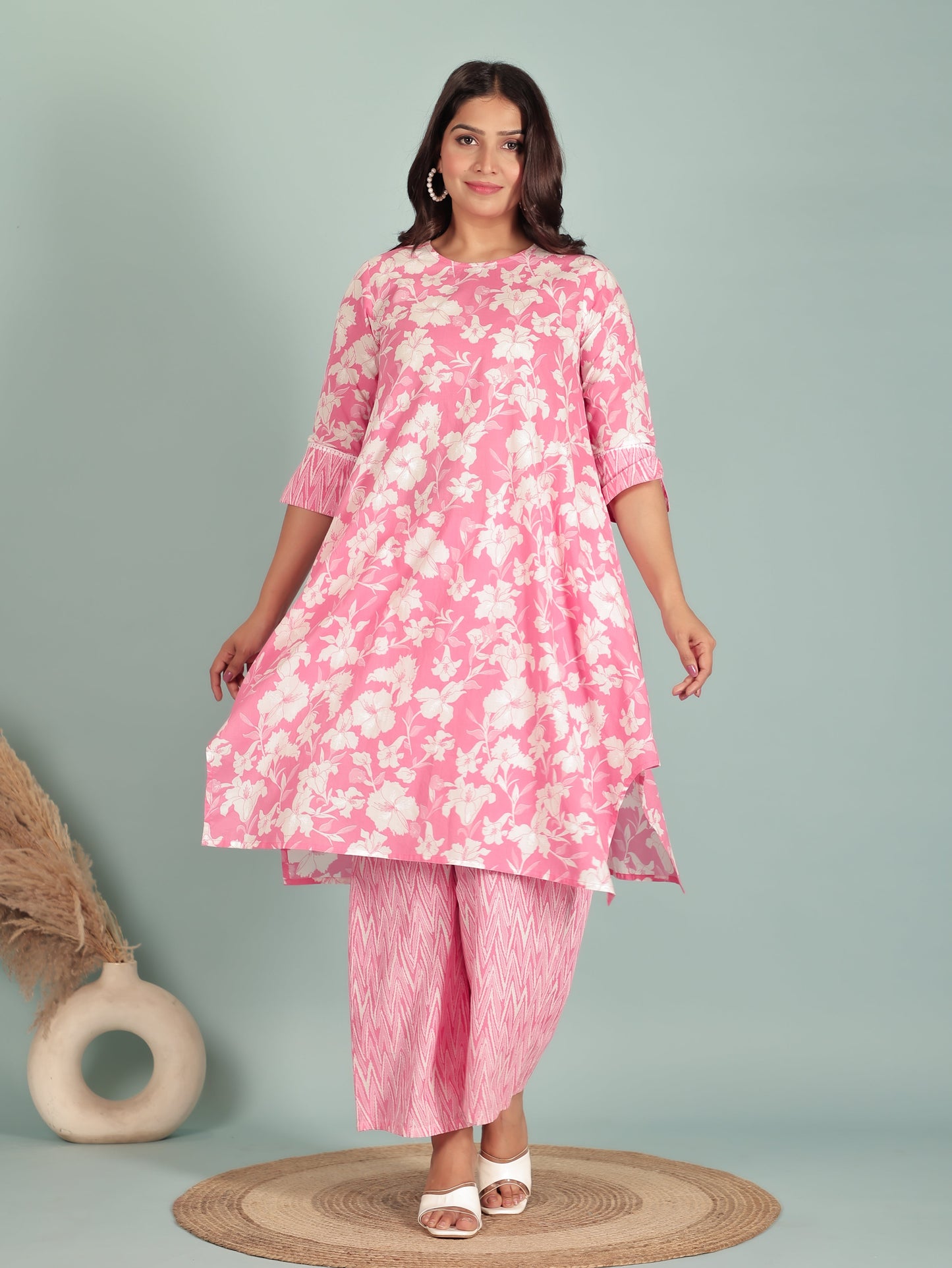 Soft Cotton Floral A-Line Pink Kurta