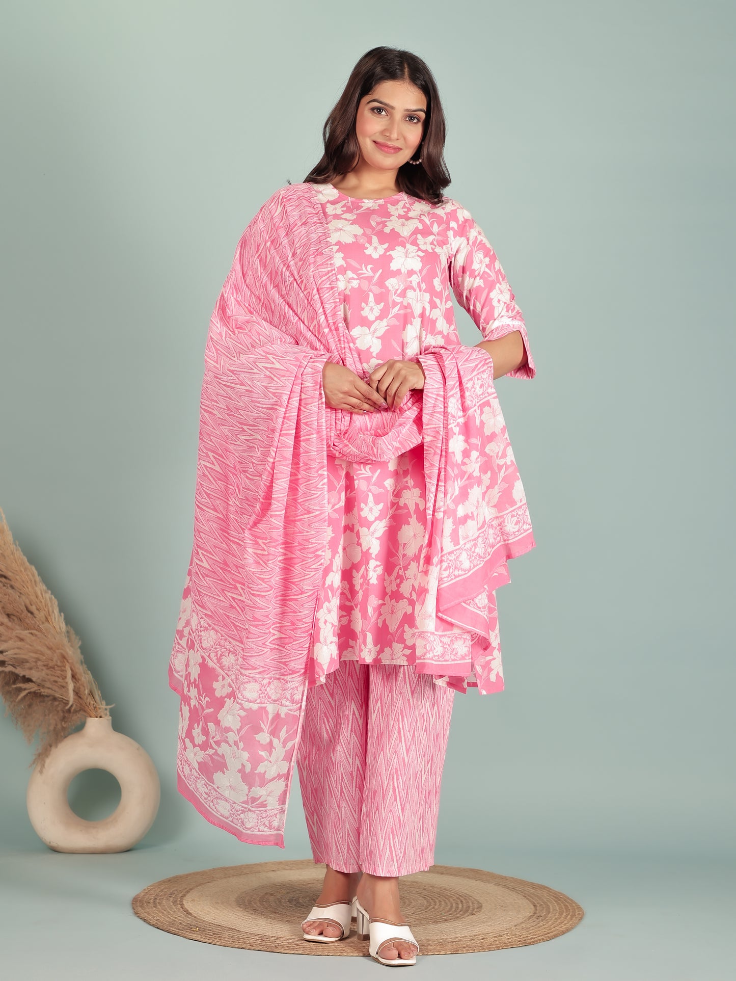 Soft Cotton Floral A-Line Pink Kurta