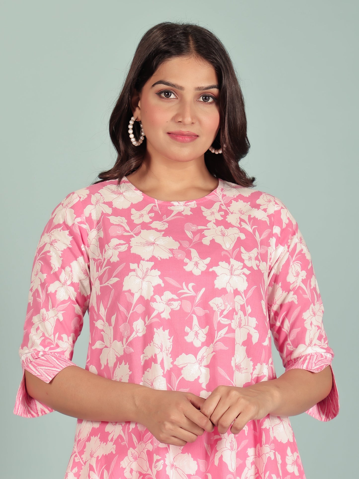 Soft Cotton Floral A-Line Pink Kurta