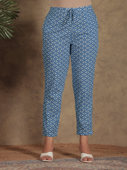 Soft Cotton Geometric Blue Tapered Trousers