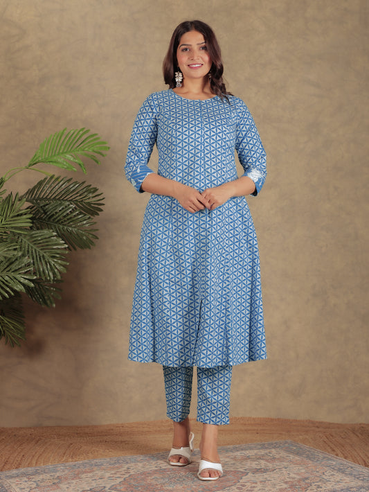Soft Cotton Geometric A-line Blue Kurta