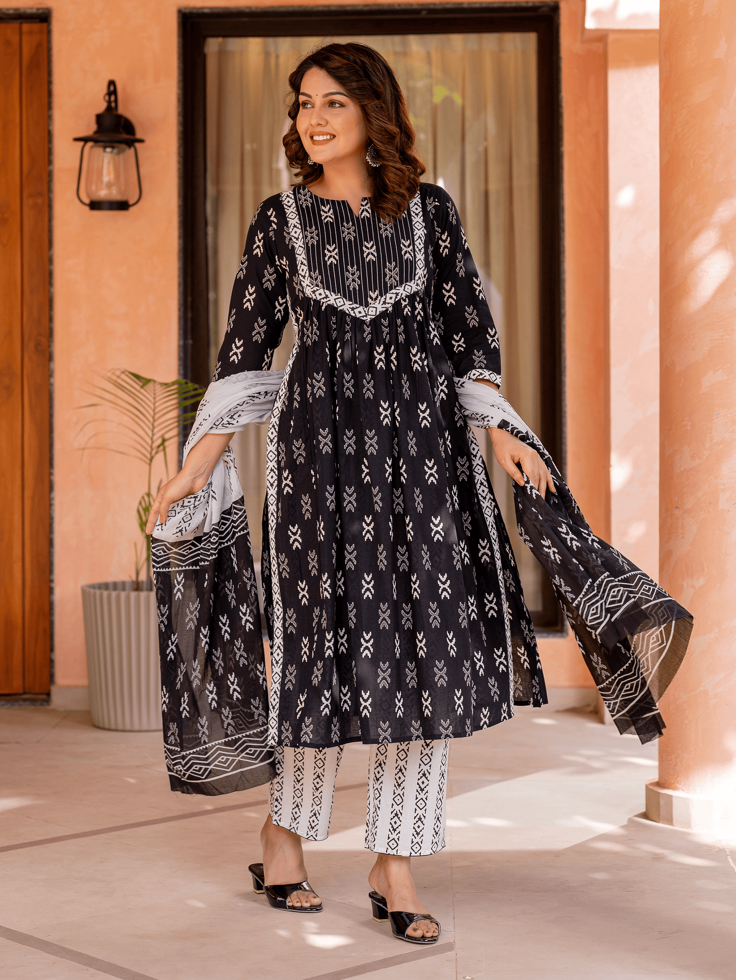 Soft Cotton Ikat A-line Black Kurta