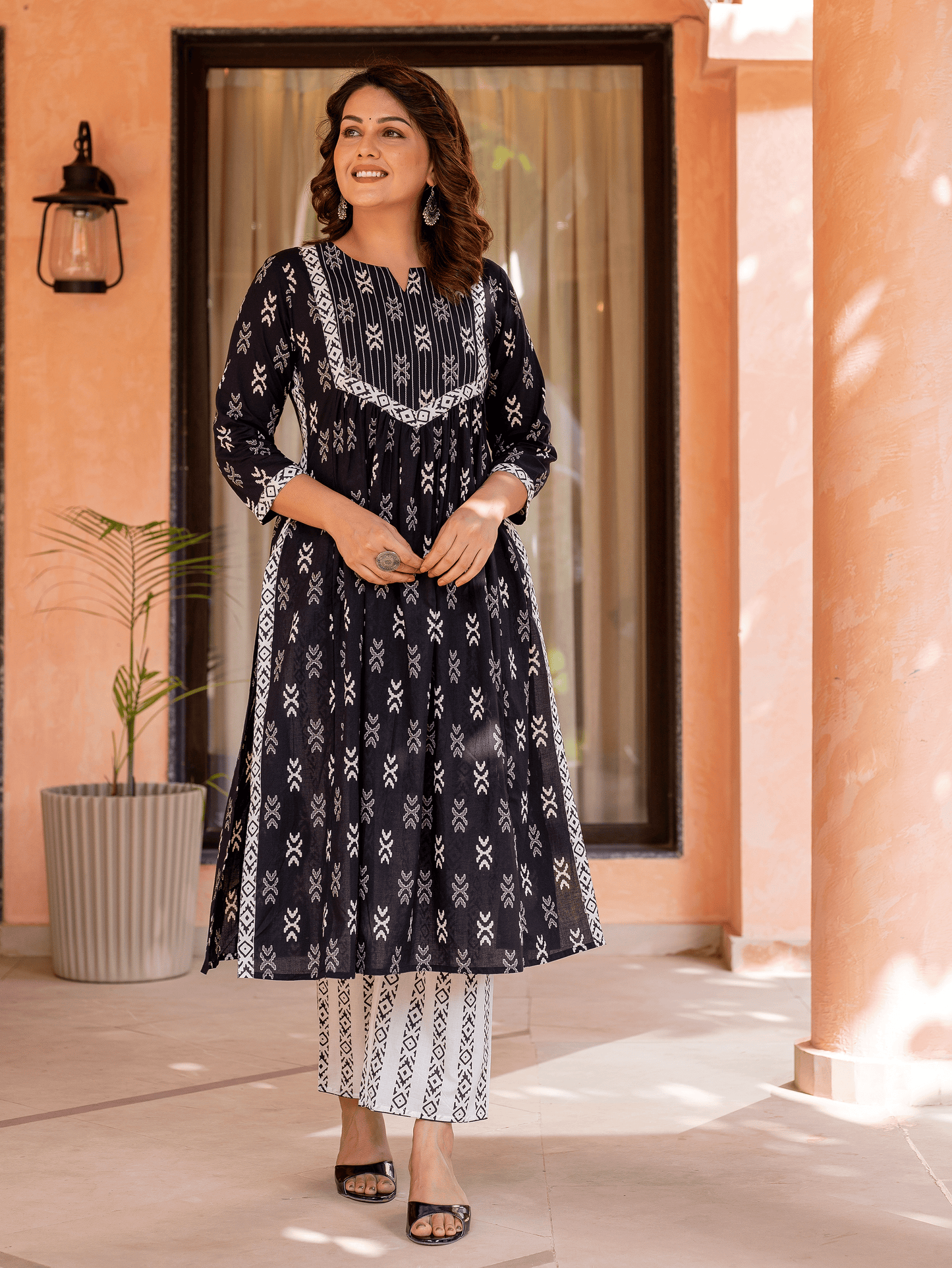 Soft Cotton Ikat A-line Black Kurta