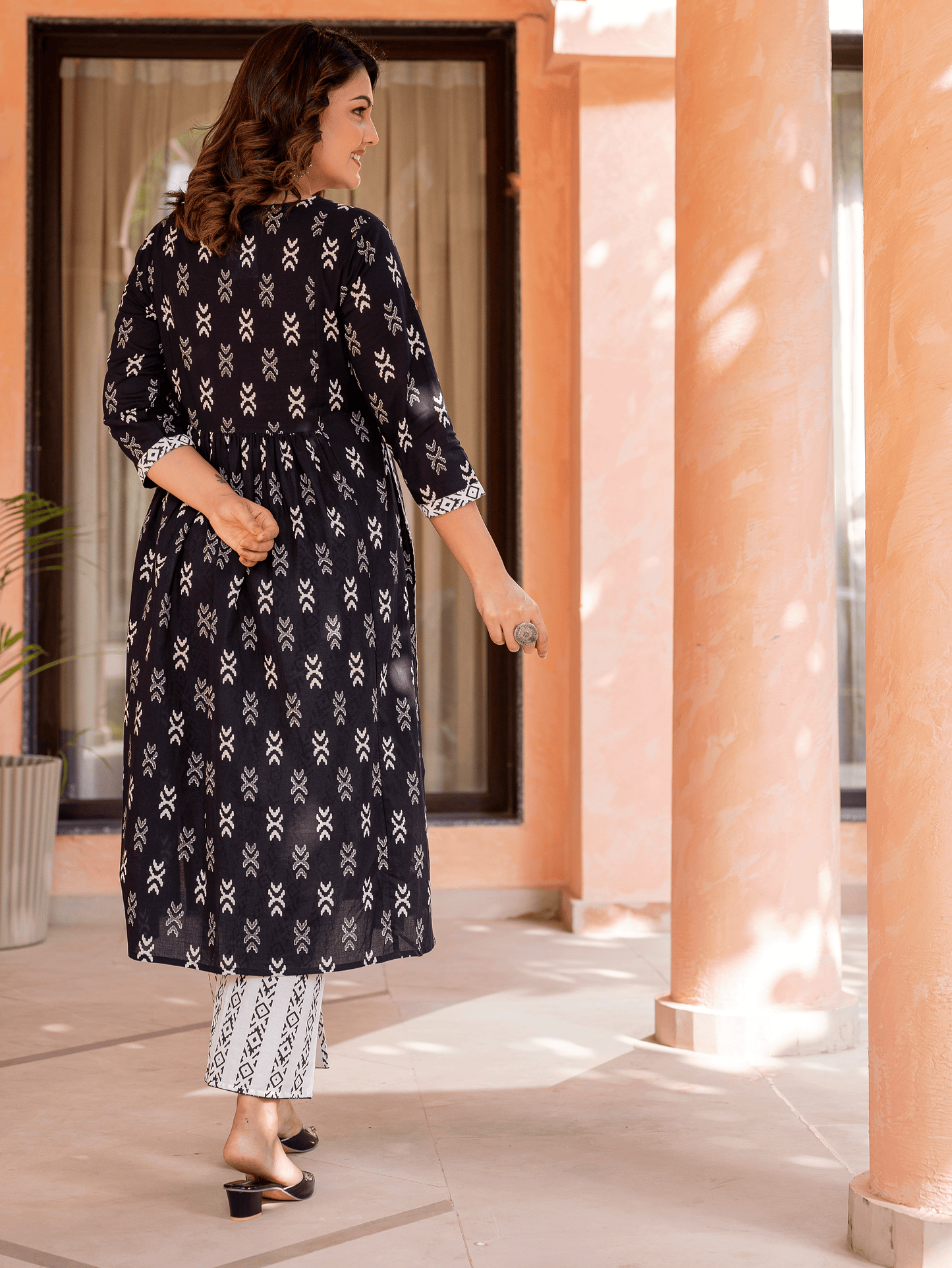 Soft Cotton Ikat A-line Black Kurta