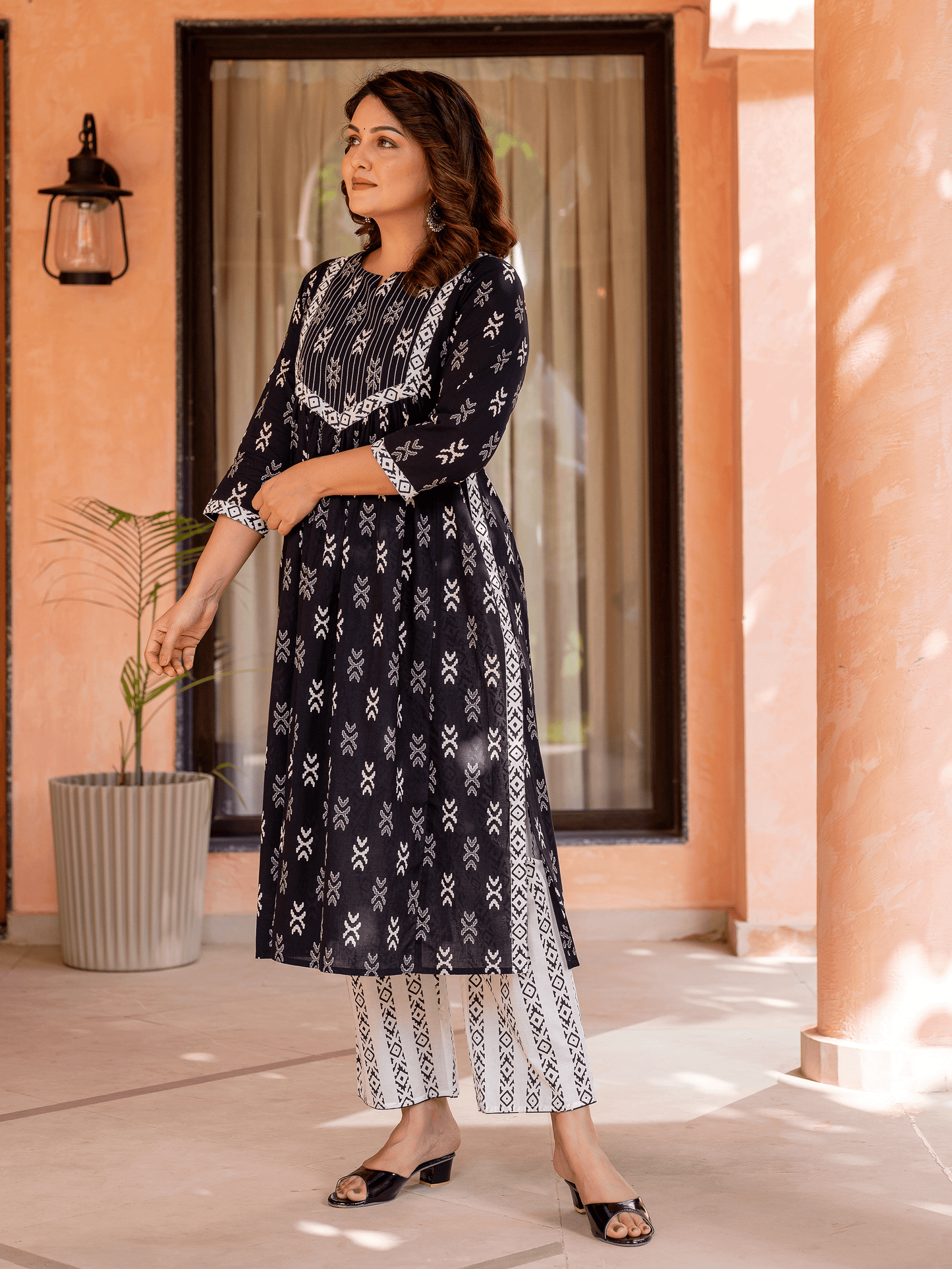 Soft Cotton Ikat A-line Black Kurta
