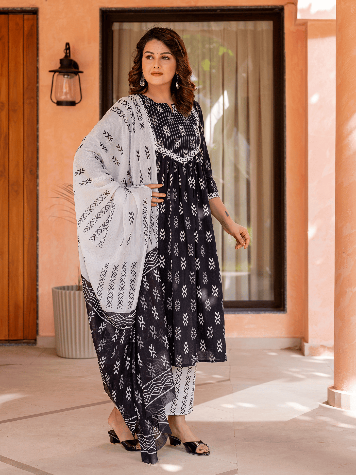 Soft Cotton Ikat A-line Black Kurta