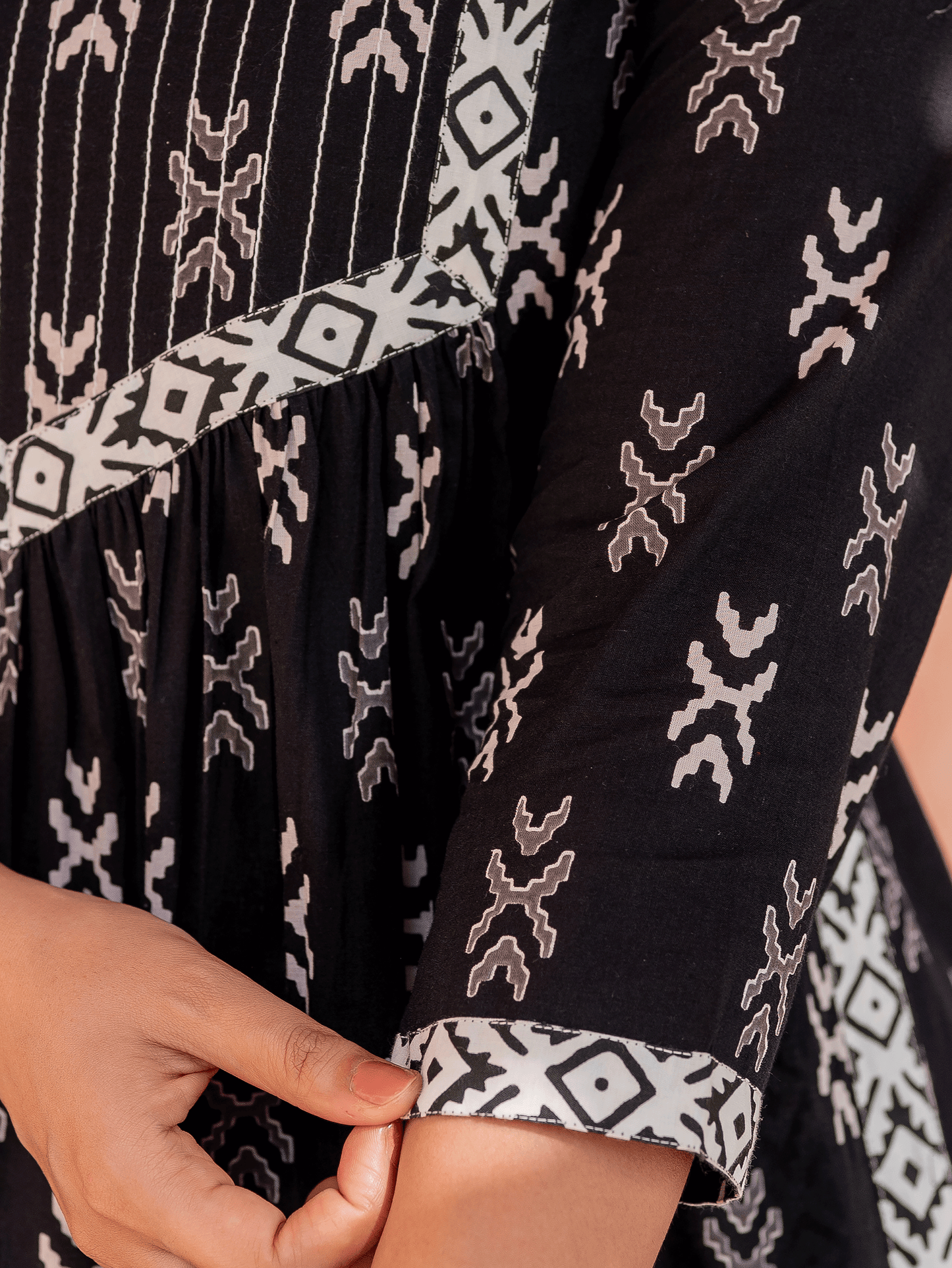 Soft Cotton Ikat A-line Black Kurta