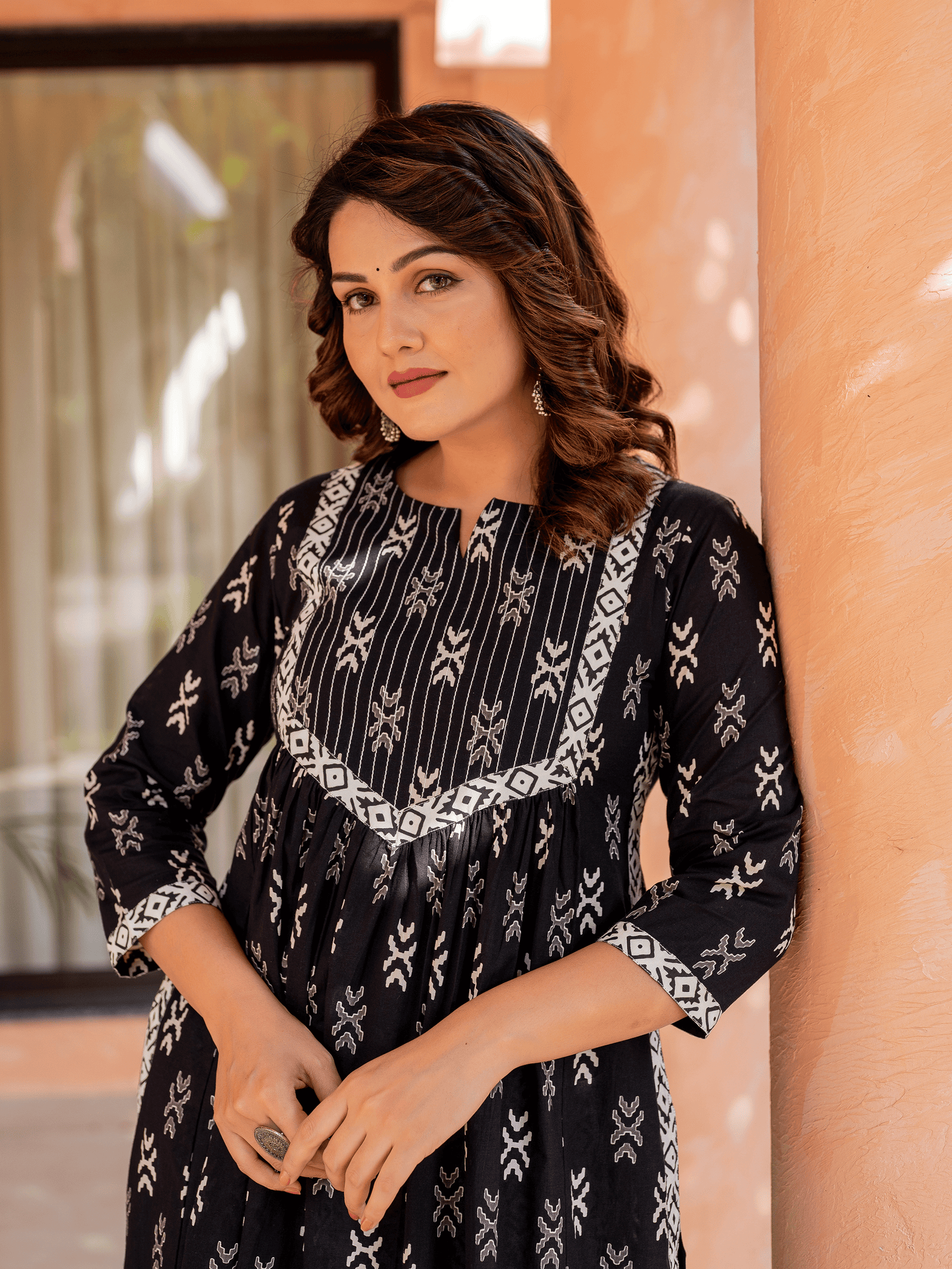 Soft Cotton Ikat A-line Black Kurta