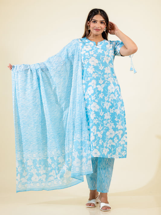 Soft Cotton Floral Straight Blue Kurta