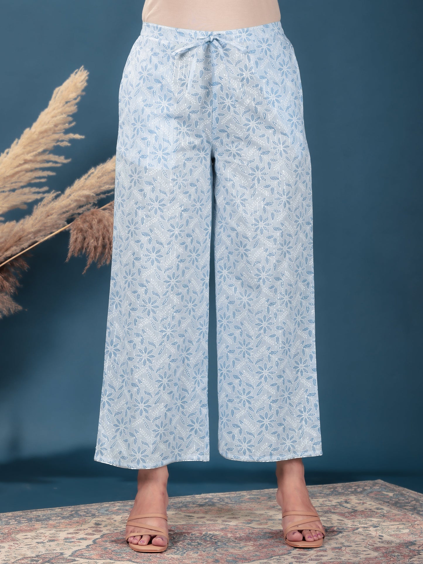 Lurex Cotton Floral Turquoise Palazzo