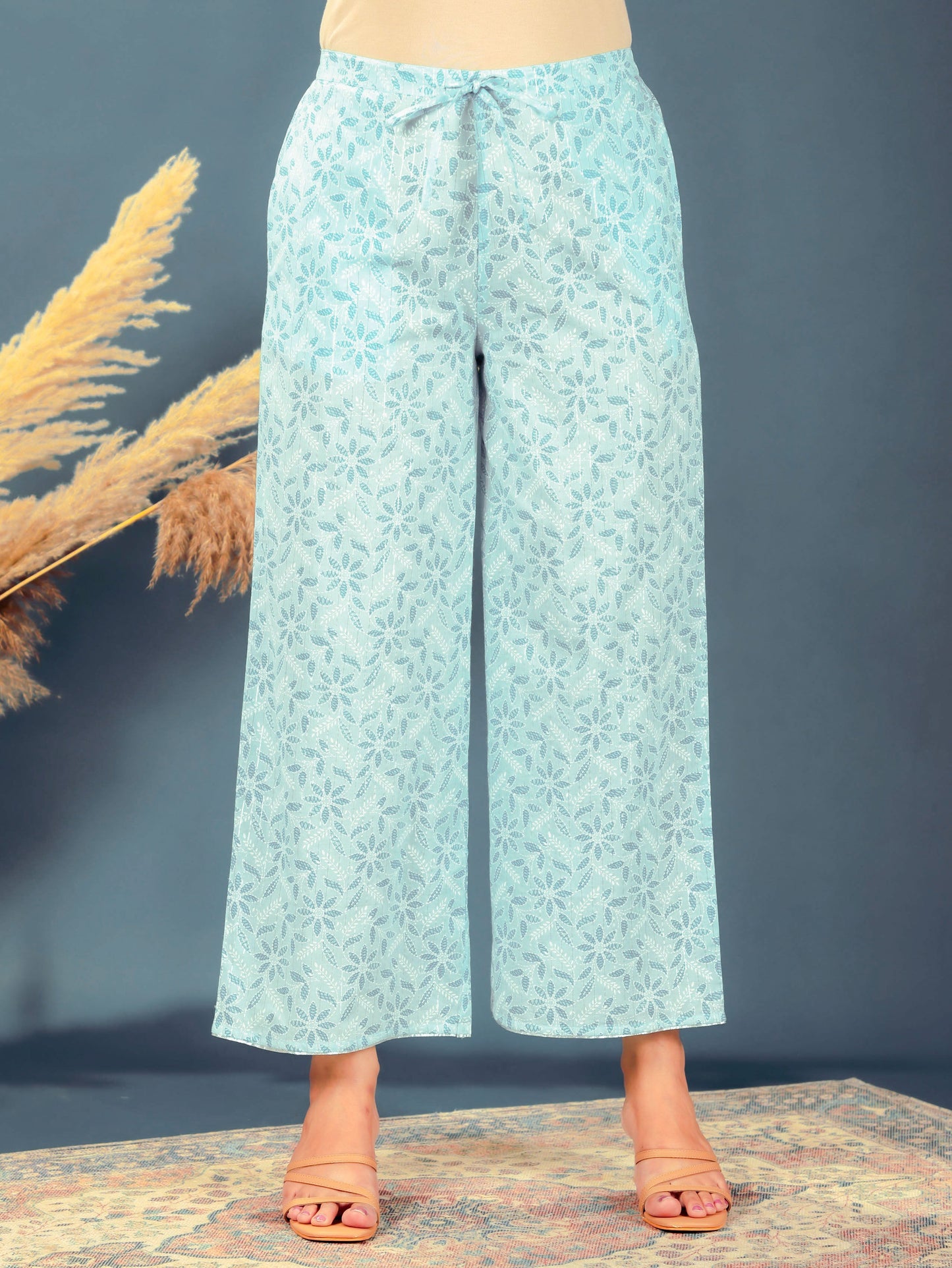 Lurex Cotton Floral Turquoise Palazzo