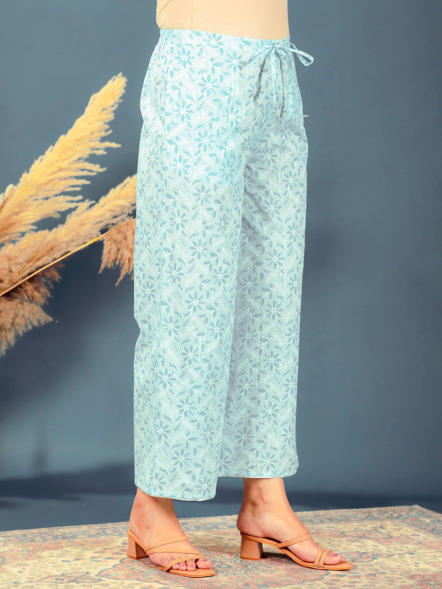 Lurex Cotton Floral Turquoise Palazzo