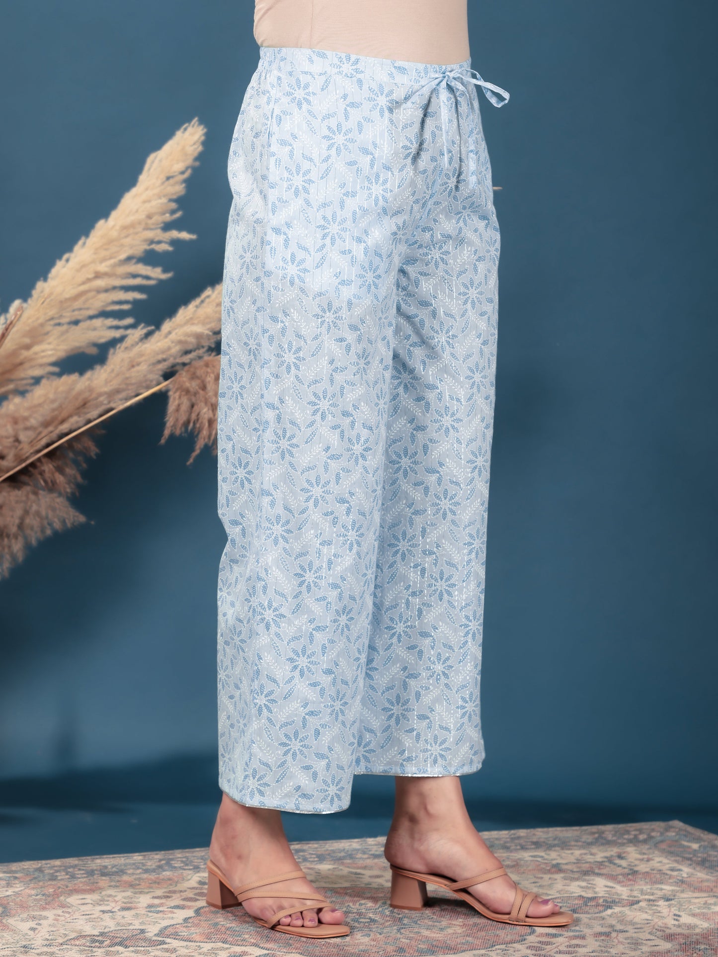 Lurex Cotton Floral Turquoise Palazzo