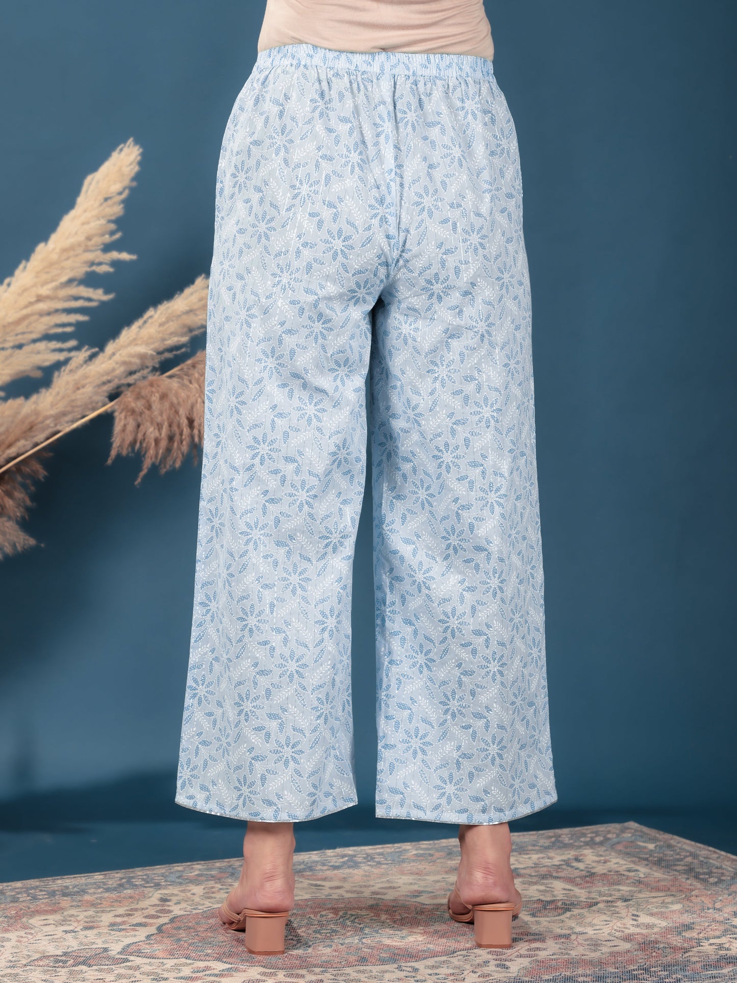 Lurex Cotton Floral Turquoise Palazzo