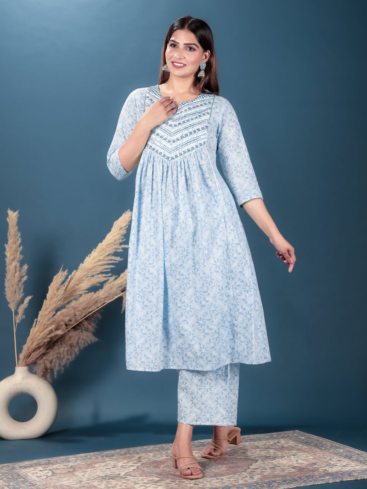 Embroidered Lurex Cotton Floral A-line Turquoise Kurta