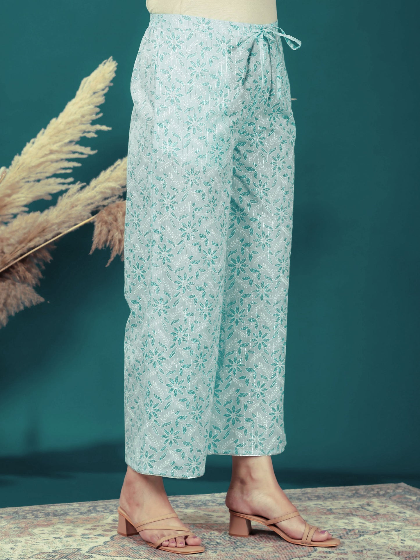 Embroidered Lurex Cotton Floral Flared Turquoise Kurta
