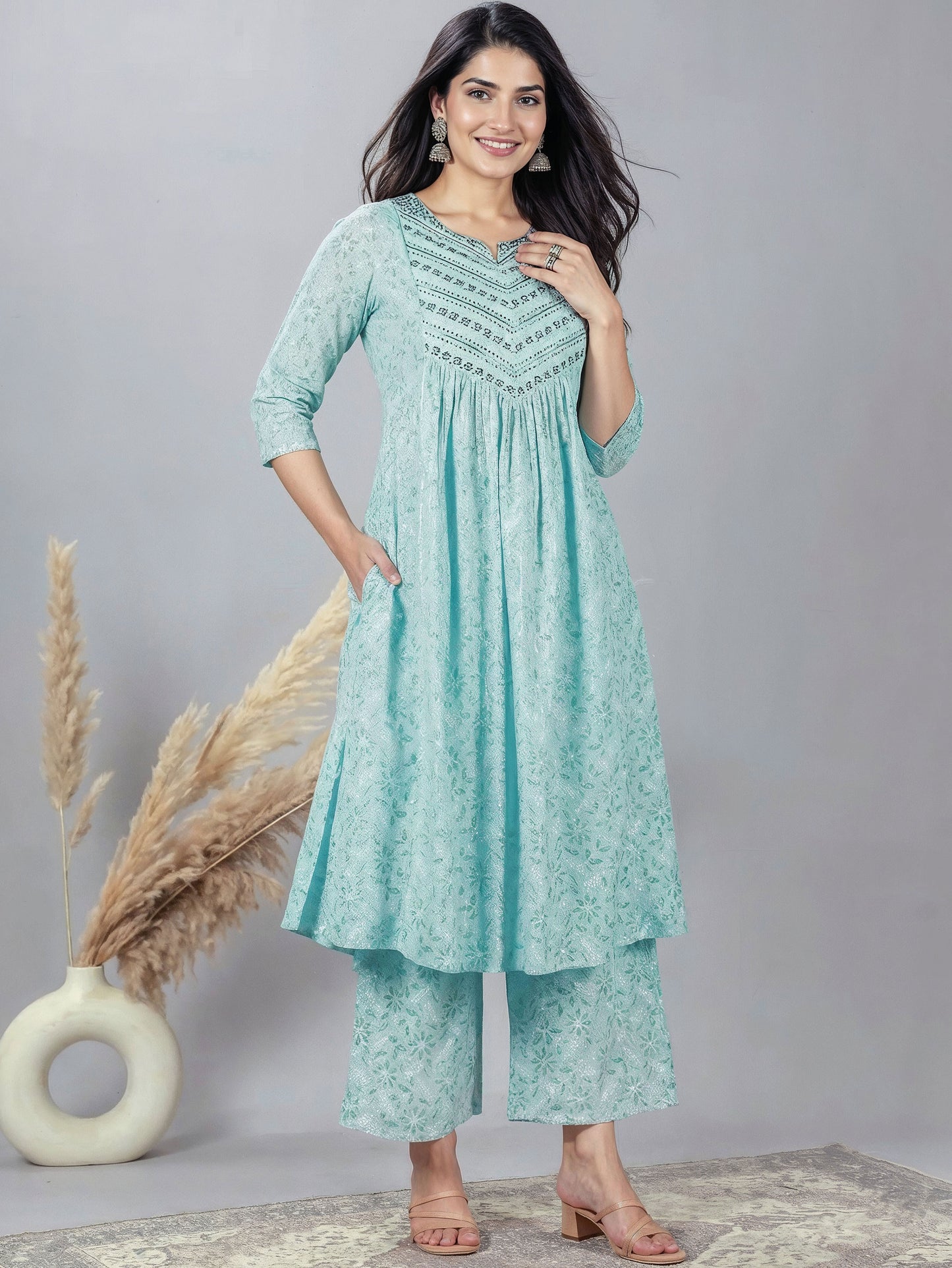Embroidered Lurex Cotton Floral Flared Turquoise Kurta
