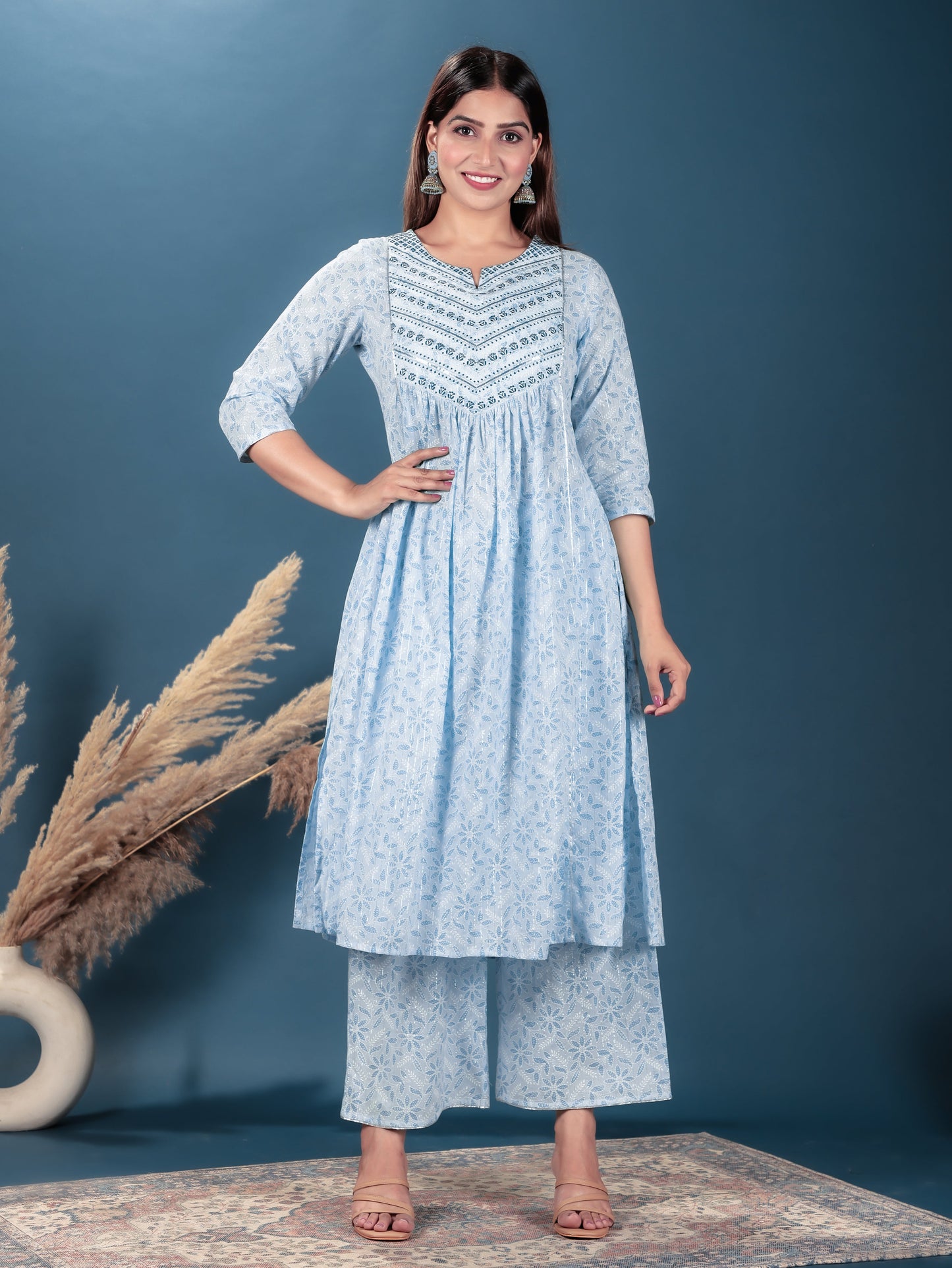 Embroidered Lurex Cotton Floral A-line Turquoise Kurta