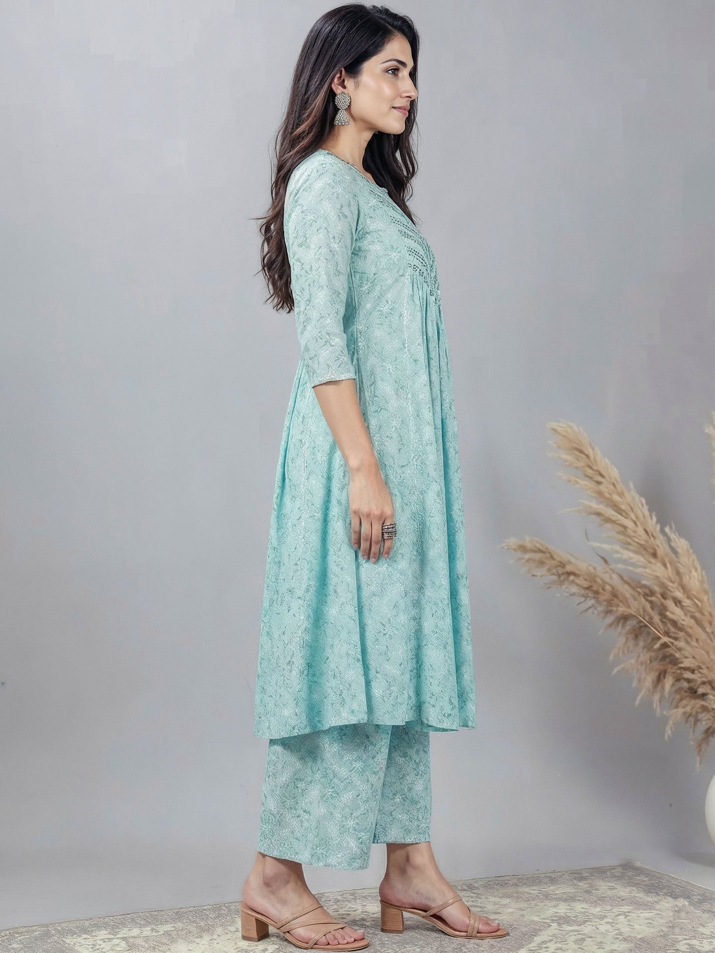 Embroidered Lurex Cotton Floral Flared Turquoise Kurta