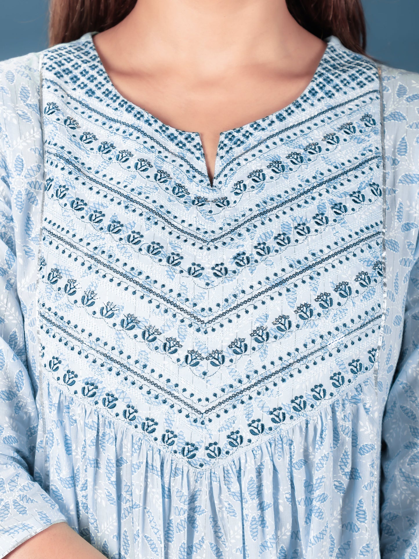 Embroidered Lurex Cotton Floral A-line Turquoise Kurta