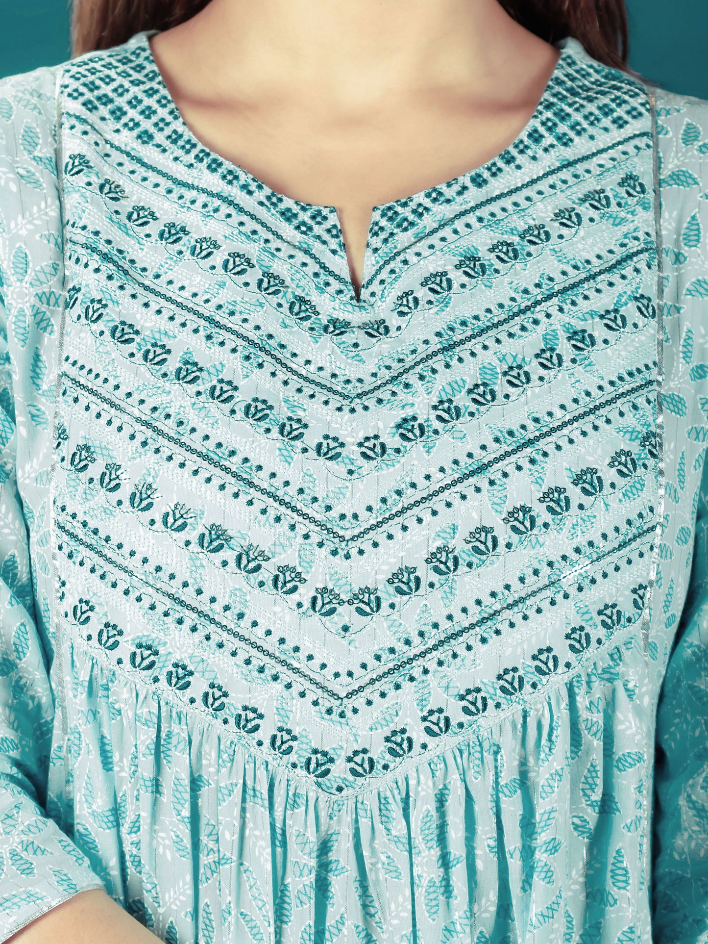 Embroidered Lurex Cotton Floral Flared Turquoise Kurta
