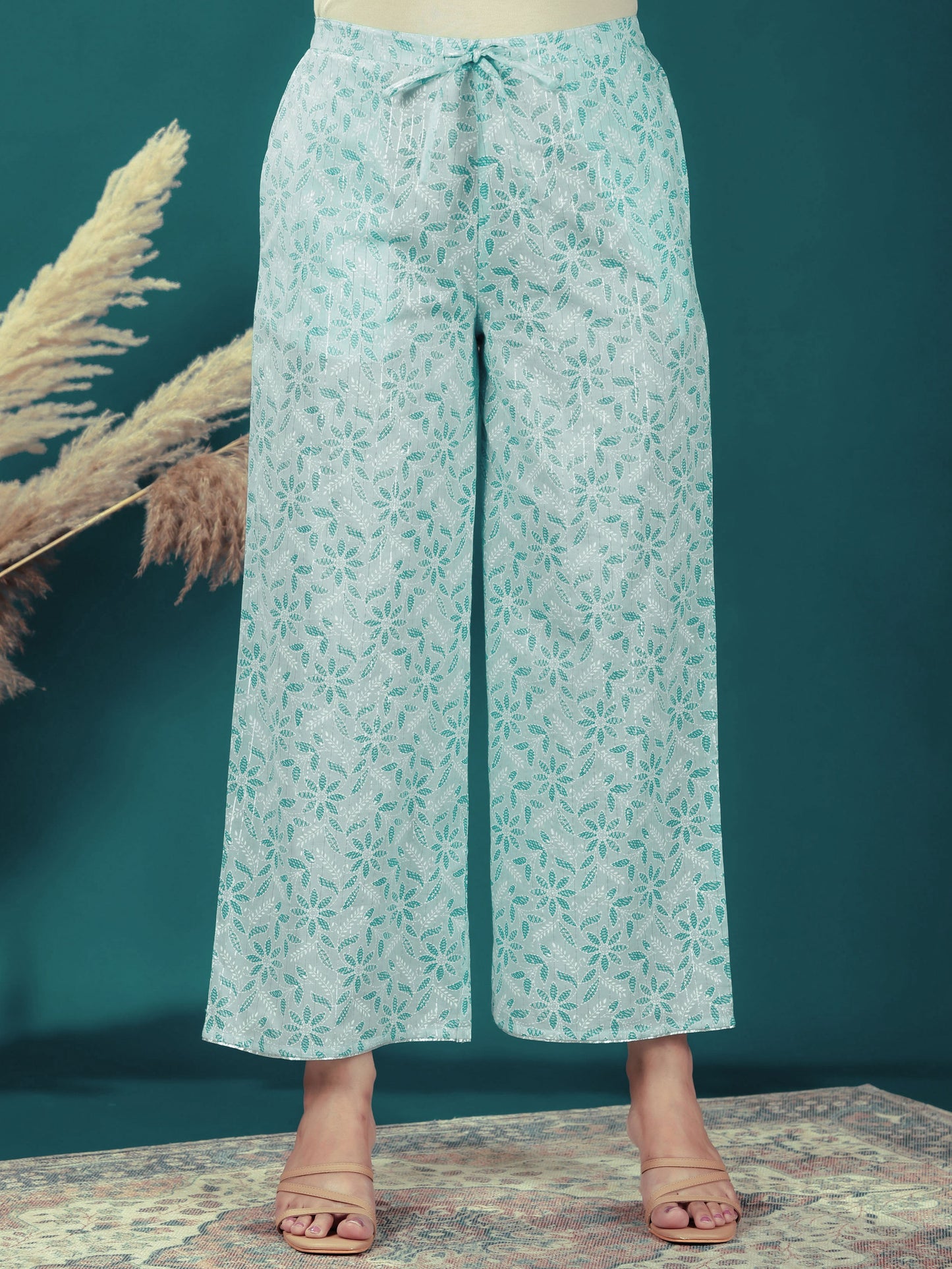 Embroidered Lurex Cotton Floral Flared Turquoise Kurta