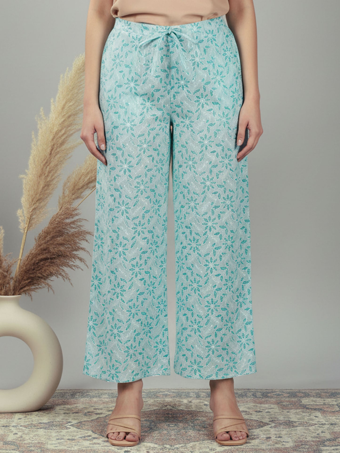 Embroidered Lurex Cotton Floral Flared Turquoise Kurta