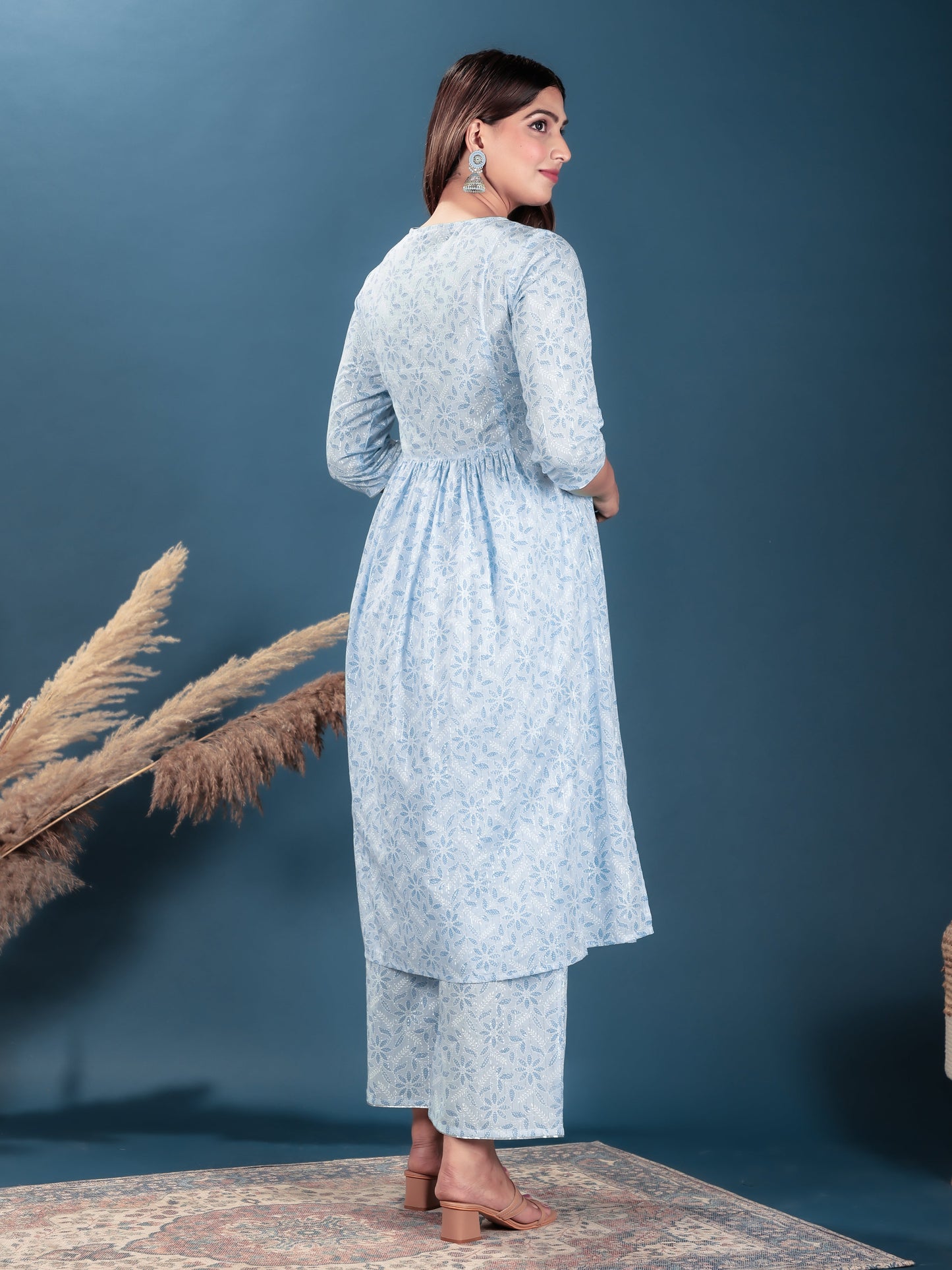 Embroidered Lurex Cotton Floral A-line Turquoise Kurta