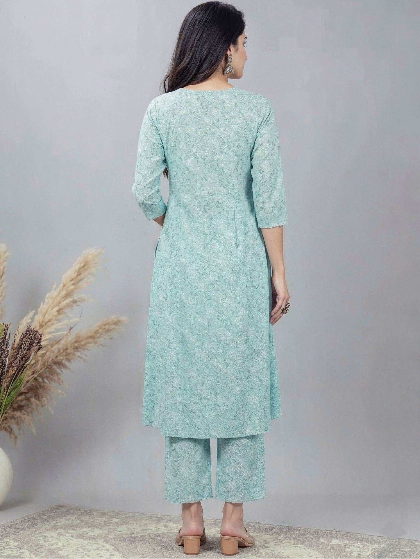 Embroidered Lurex Cotton Floral Flared Turquoise Kurta