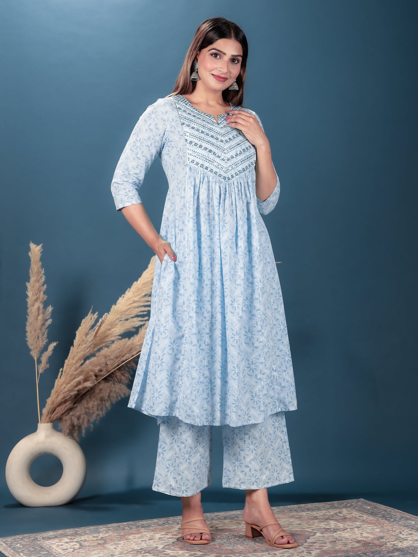 Embroidered Lurex Cotton Floral A-line Turquoise Kurta