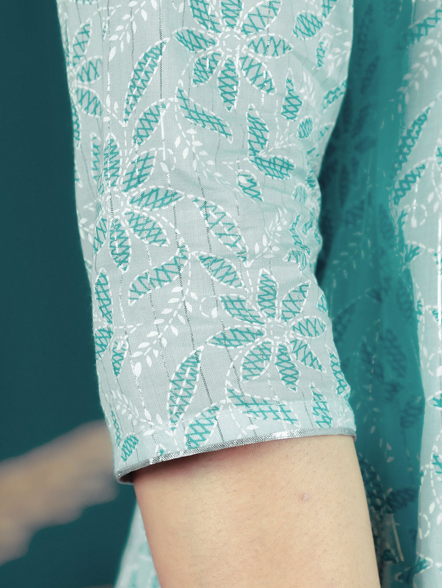 Embroidered Lurex Cotton Floral Flared Turquoise Kurta
