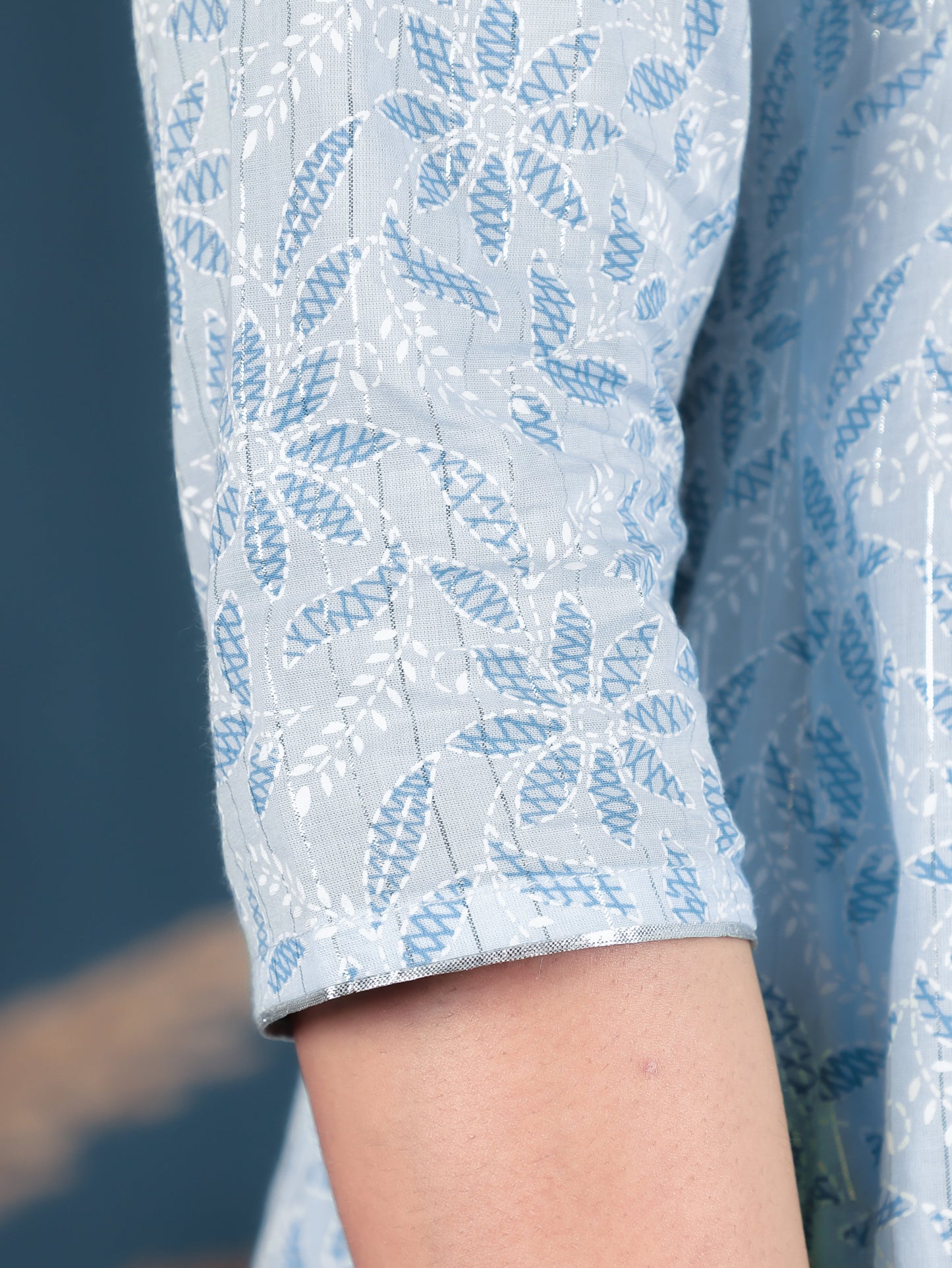 Embroidered Lurex Cotton Floral A-line Turquoise Kurta