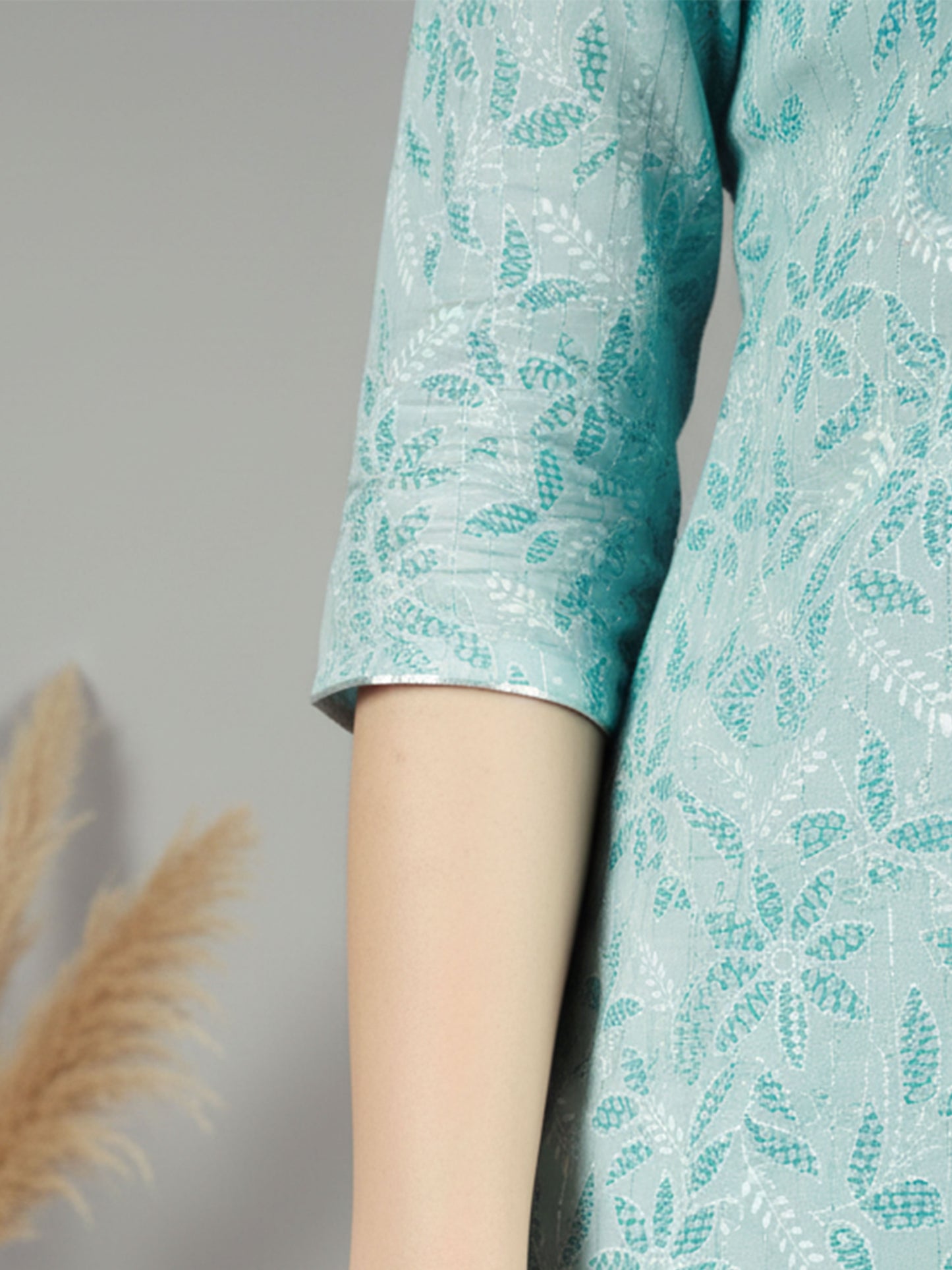Embroidered Lurex Cotton Floral Flared Turquoise Kurta