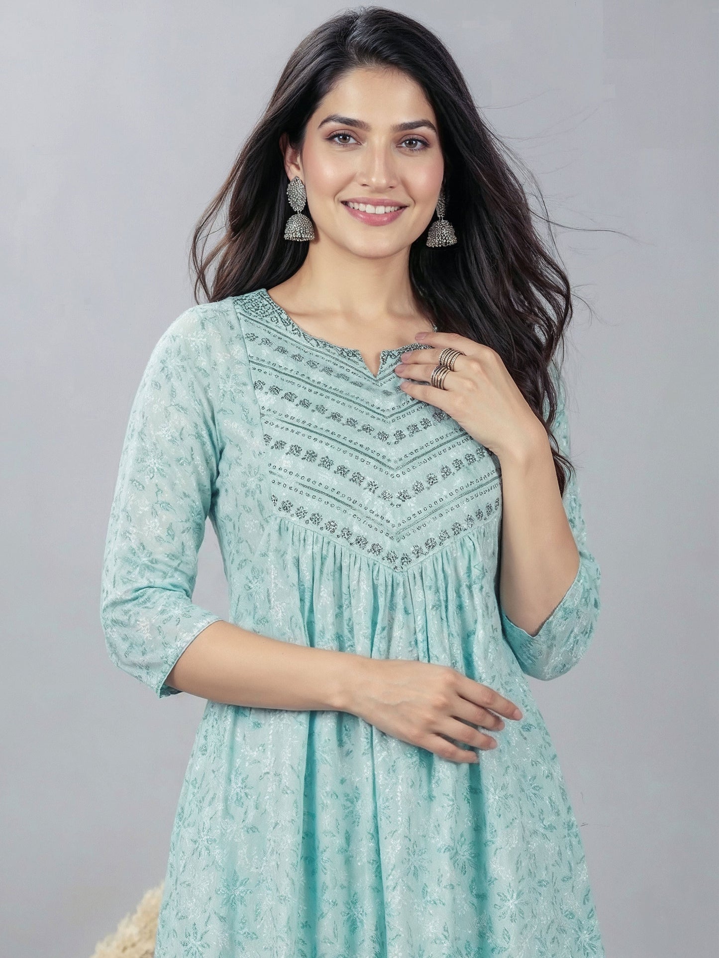 Embroidered Lurex Cotton Floral Flared Turquoise Kurta