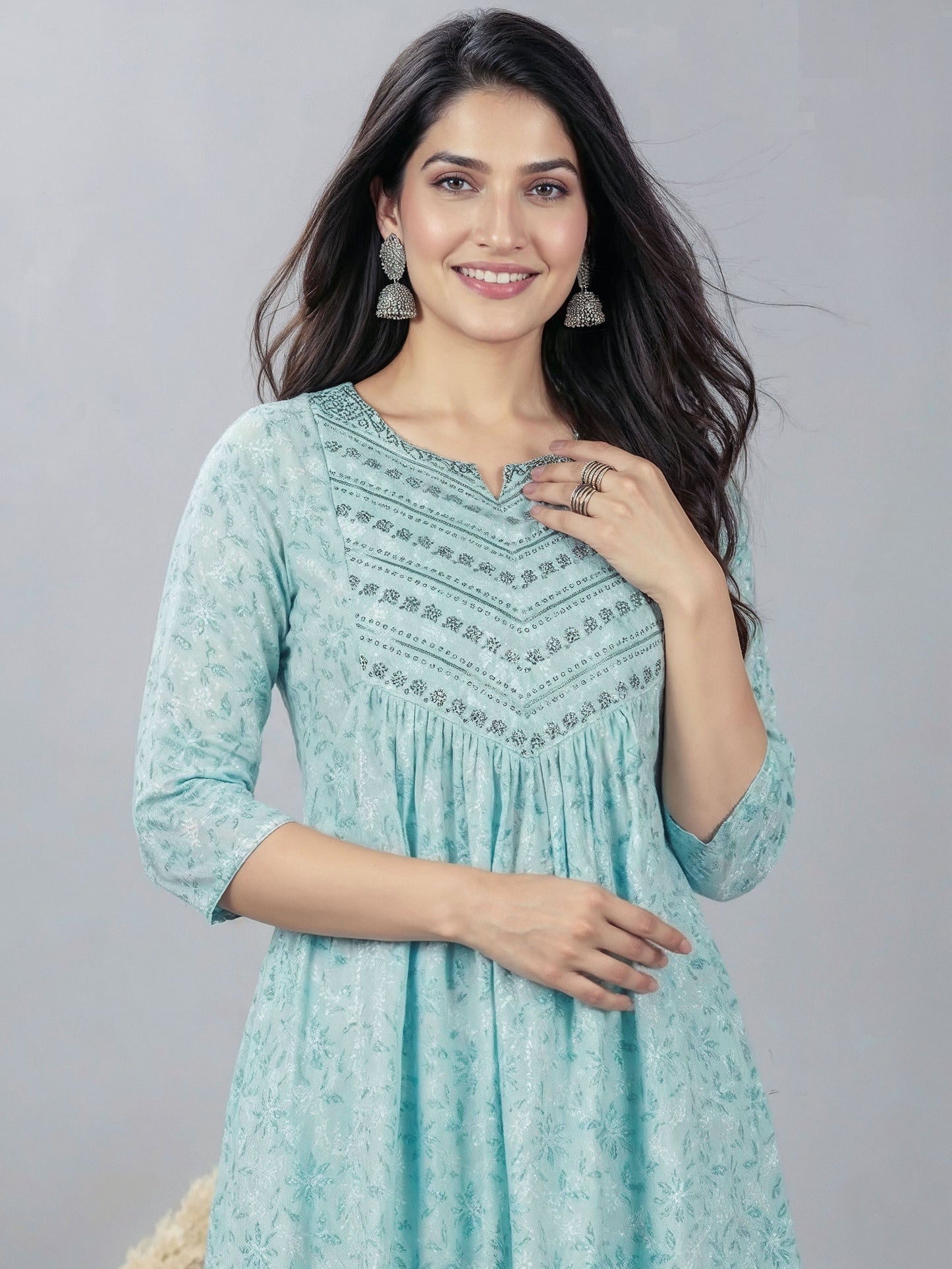 Embroidered Lurex Cotton Floral Flared Turquoise Kurta