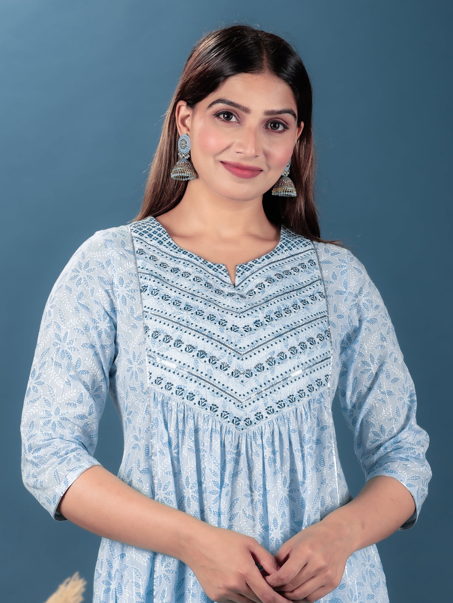 Embroidered Lurex Cotton Floral A-line Turquoise Kurta