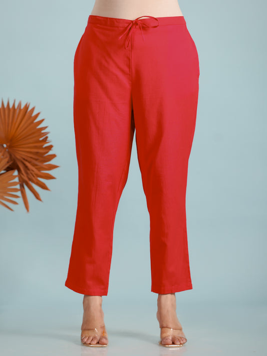 Linen Cotton Solid Red Tapered Trousers