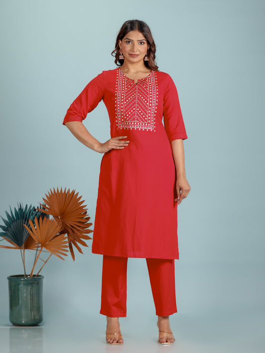 Linen Cotton Solid Straight Red Kurta